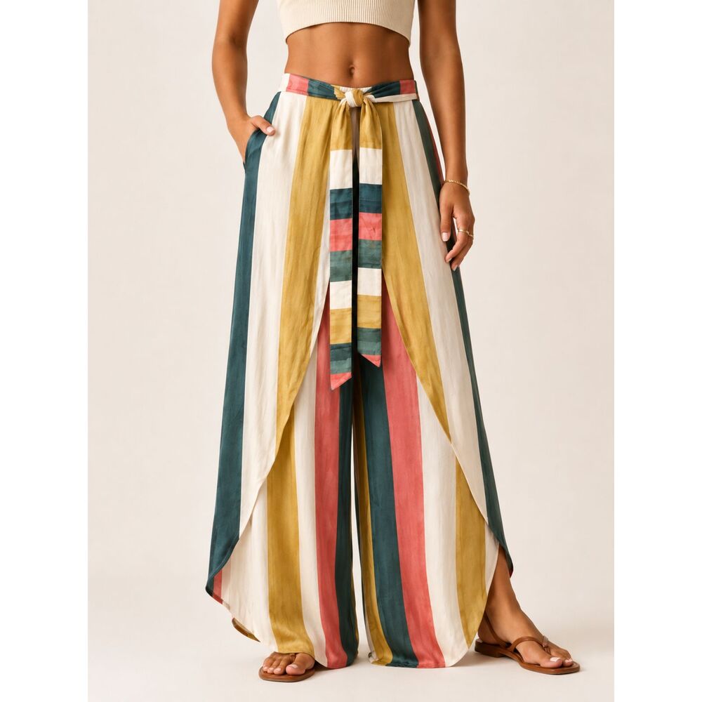 Mystree Soft Autumn Stripe Wrap Palazzo Pants M Boho Wide Leg Flowy Coastal